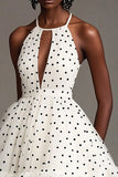 White and Black A Line Tulle Tiered Midi Polka Dot Dress with Ruffles