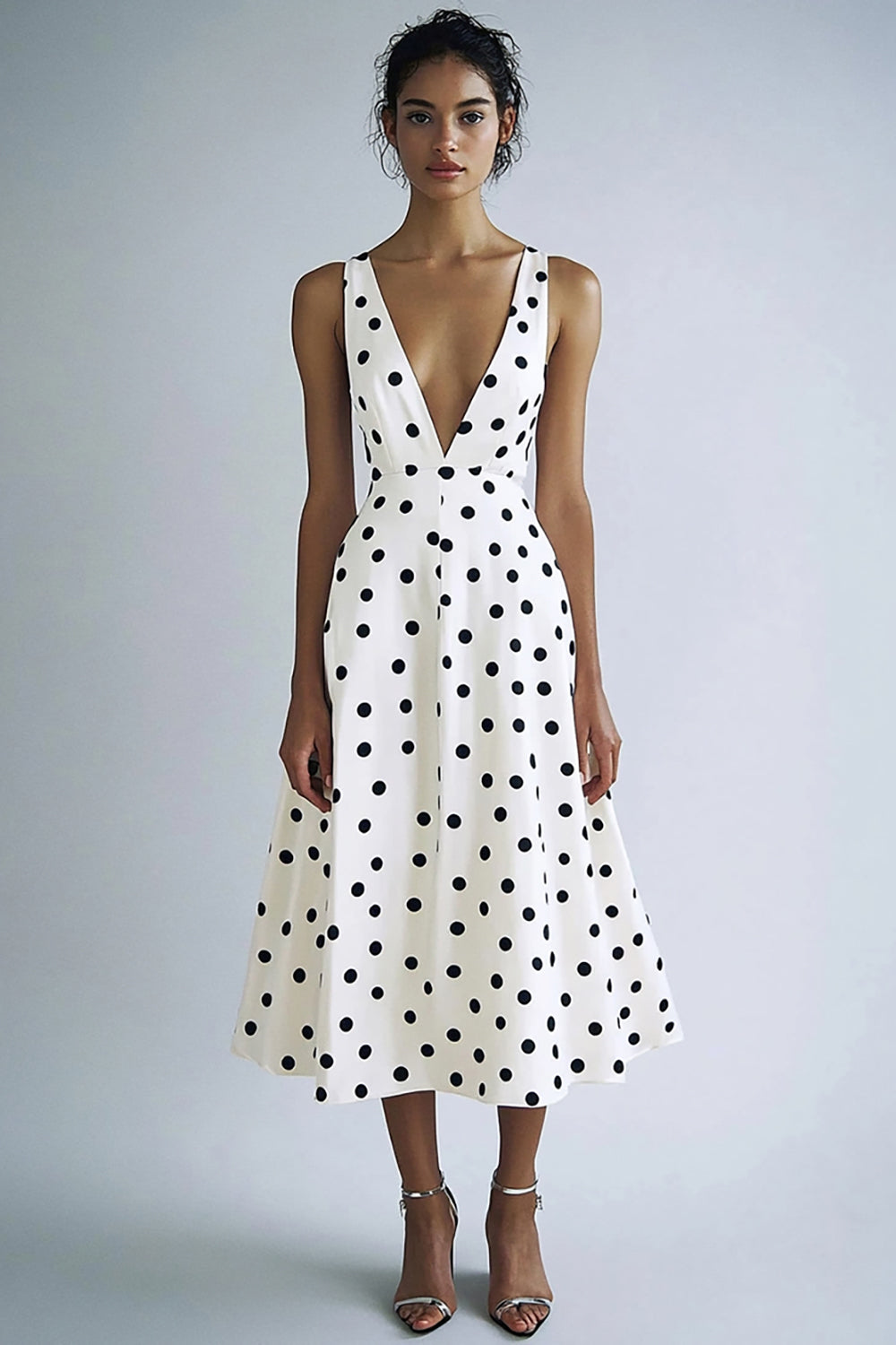 White and Black Satin Deep V-Neck A Line Boho Maxi Polka Dot Dress