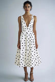 White and Black Satin Deep V-Neck A Line Boho Maxi Polka Dot Dress
