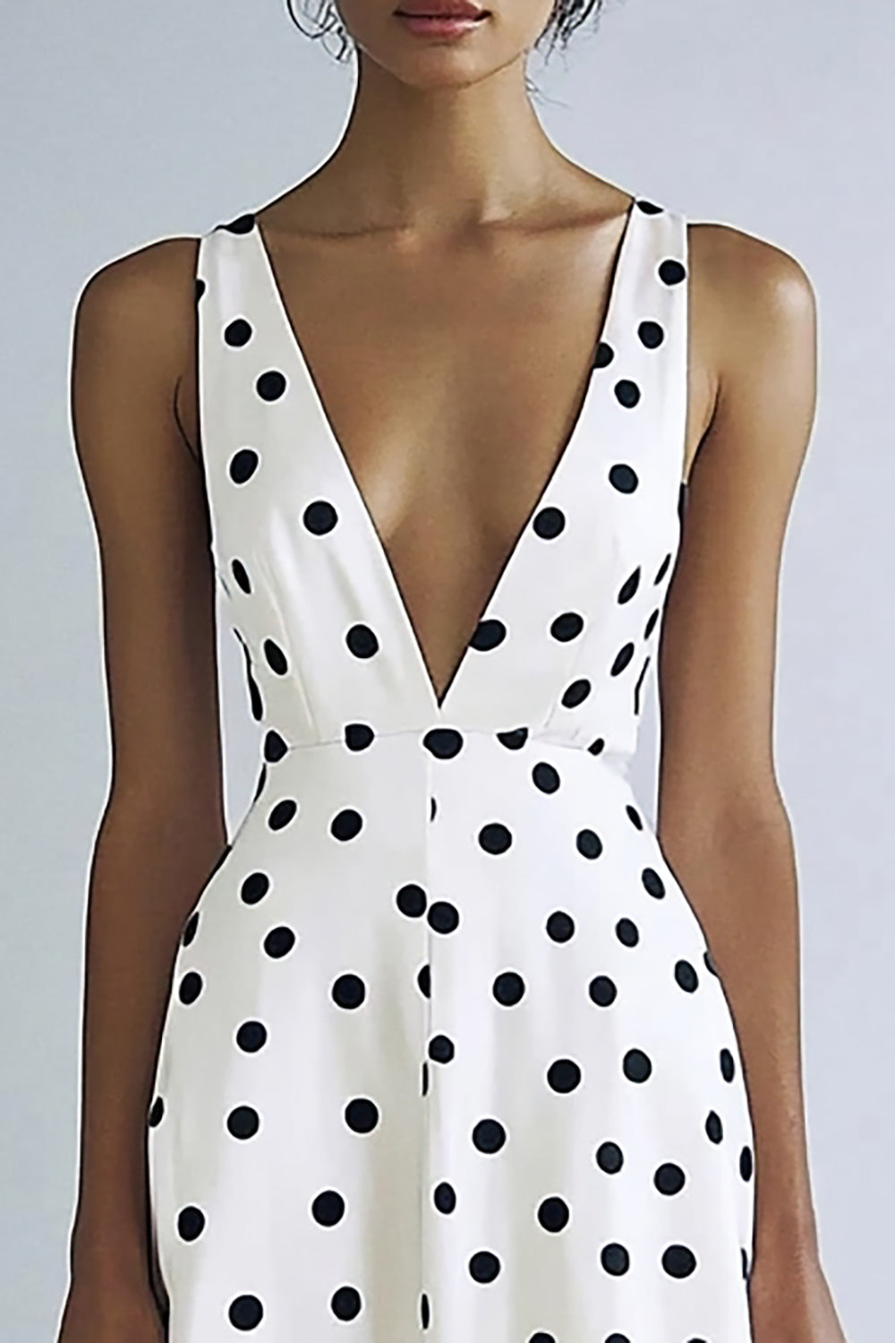 White and Black Satin Deep V-Neck A Line Boho Maxi Polka Dot Dress
