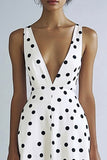 White and Black Satin Deep V-Neck A Line Boho Maxi Polka Dot Dress