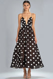 Coffee and White Spaghetti Straps Chiffon A Line Boho Maxi Polka Dot Dress