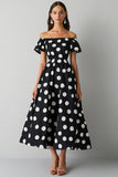 Boho Black and White Satin A Line Off the Shoulder Maxi Polka Dot Dress