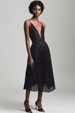 Boho Black and White A Line Deep V-Neck Chiffon Maxi Polka Dot Dress