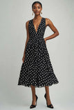 Black and White Chiffon Boho Deep V-Neck A Line Maxi Polka Dot Dress