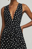 Black and White Chiffon Boho Deep V-Neck A Line Maxi Polka Dot Dress