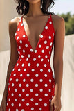Red and White Satin A Line Deep V-Neck Boho Maxi Polka Dot Dress