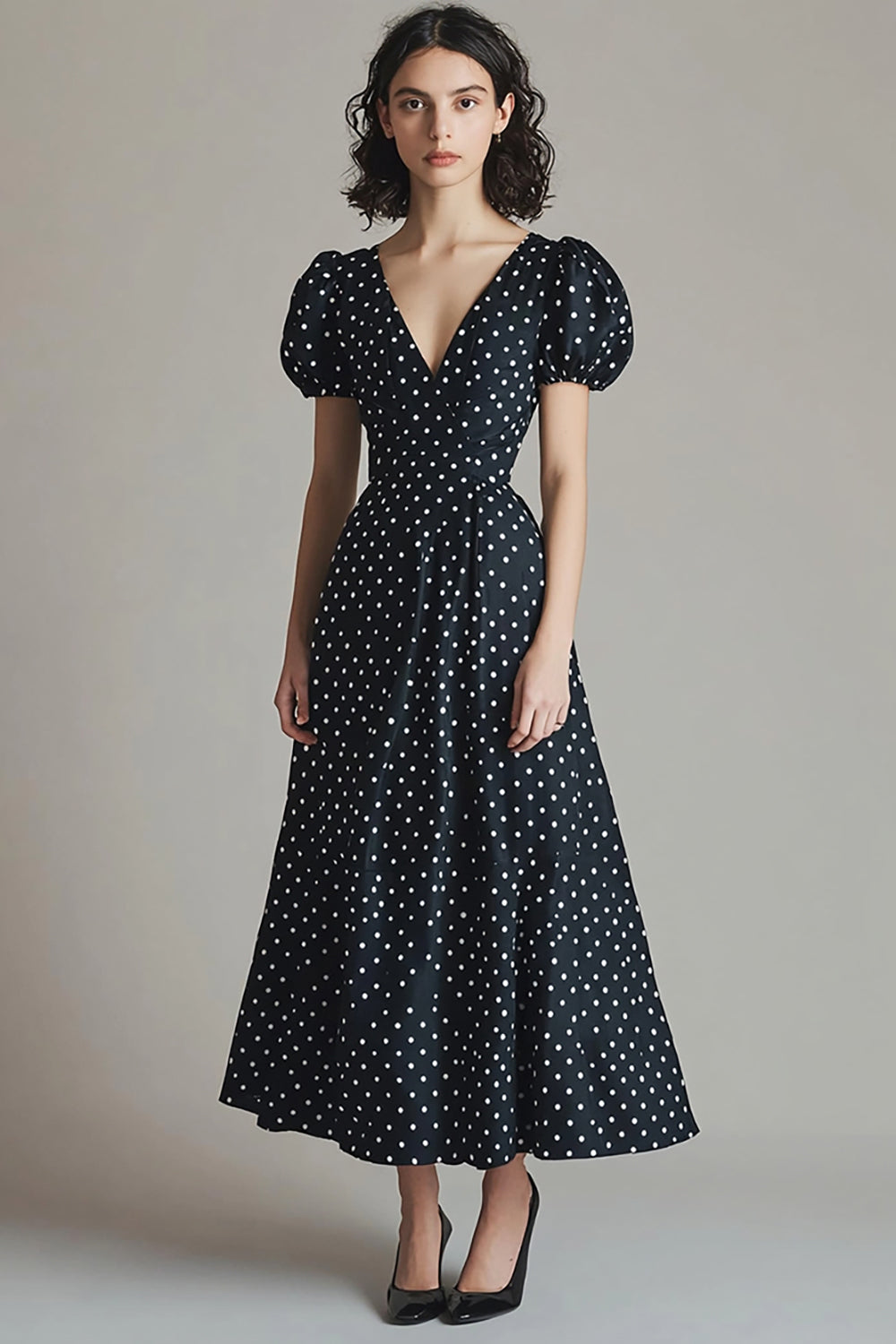 Black and White Satin V-Neck Boho Maxi Polka Dot Dress with Puff Sleeves