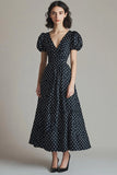 Black and White Satin V-Neck Boho Maxi Polka Dot Dress with Puff Sleeves