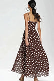 Coffee and White Spaghetti Straps A Line Boho Maxi Chiffon Polka Dot Dress