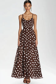 Coffee and White Spaghetti Straps A Line Boho Maxi Chiffon Polka Dot Dress