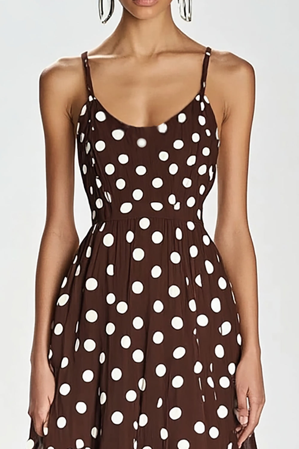Coffee and White Spaghetti Straps A Line Boho Maxi Chiffon Polka Dot Dress