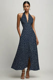 Navy and White Chiffon Halter A Line Boho Maxi Polka Dot Dress with Slit