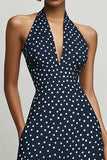 Navy and White Chiffon Halter A Line Boho Maxi Polka Dot Dress with Slit