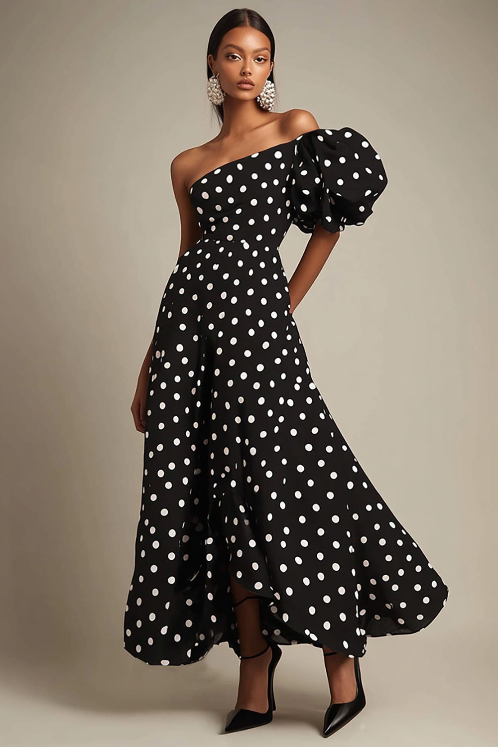 Black and White Satin One Shoulder Puff Sleeves Boho Maxi Polka Dot Dress