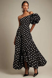 Black and White Satin One Shoulder Puff Sleeves Boho Maxi Polka Dot Dress