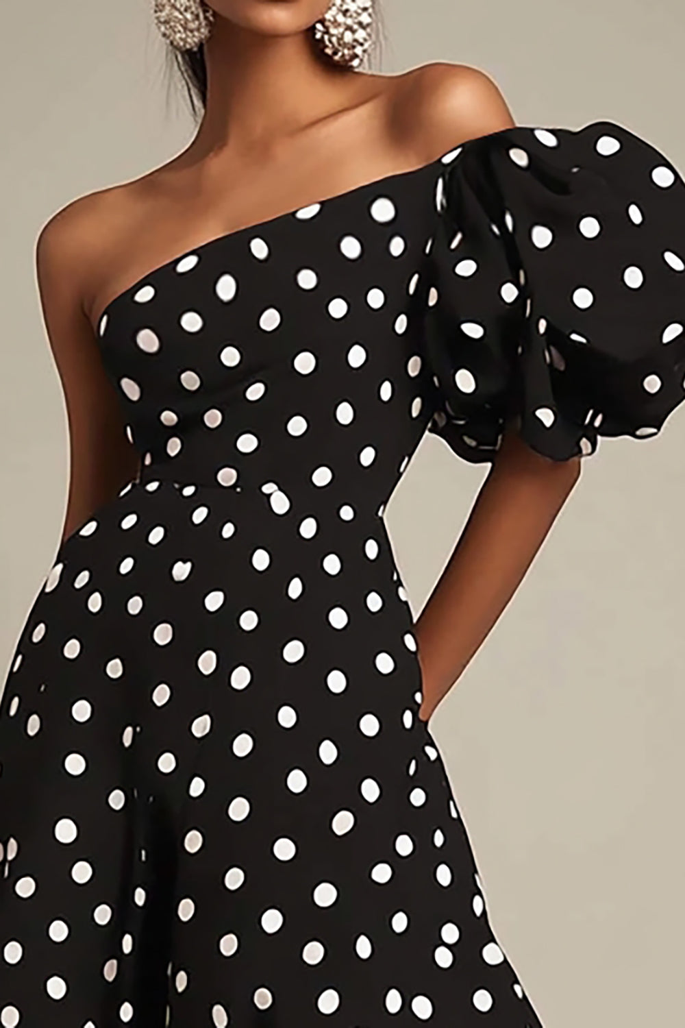 Black and White Satin One Shoulder Puff Sleeves Boho Maxi Polka Dot Dress