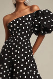 Black and White Satin One Shoulder Puff Sleeves Boho Maxi Polka Dot Dress