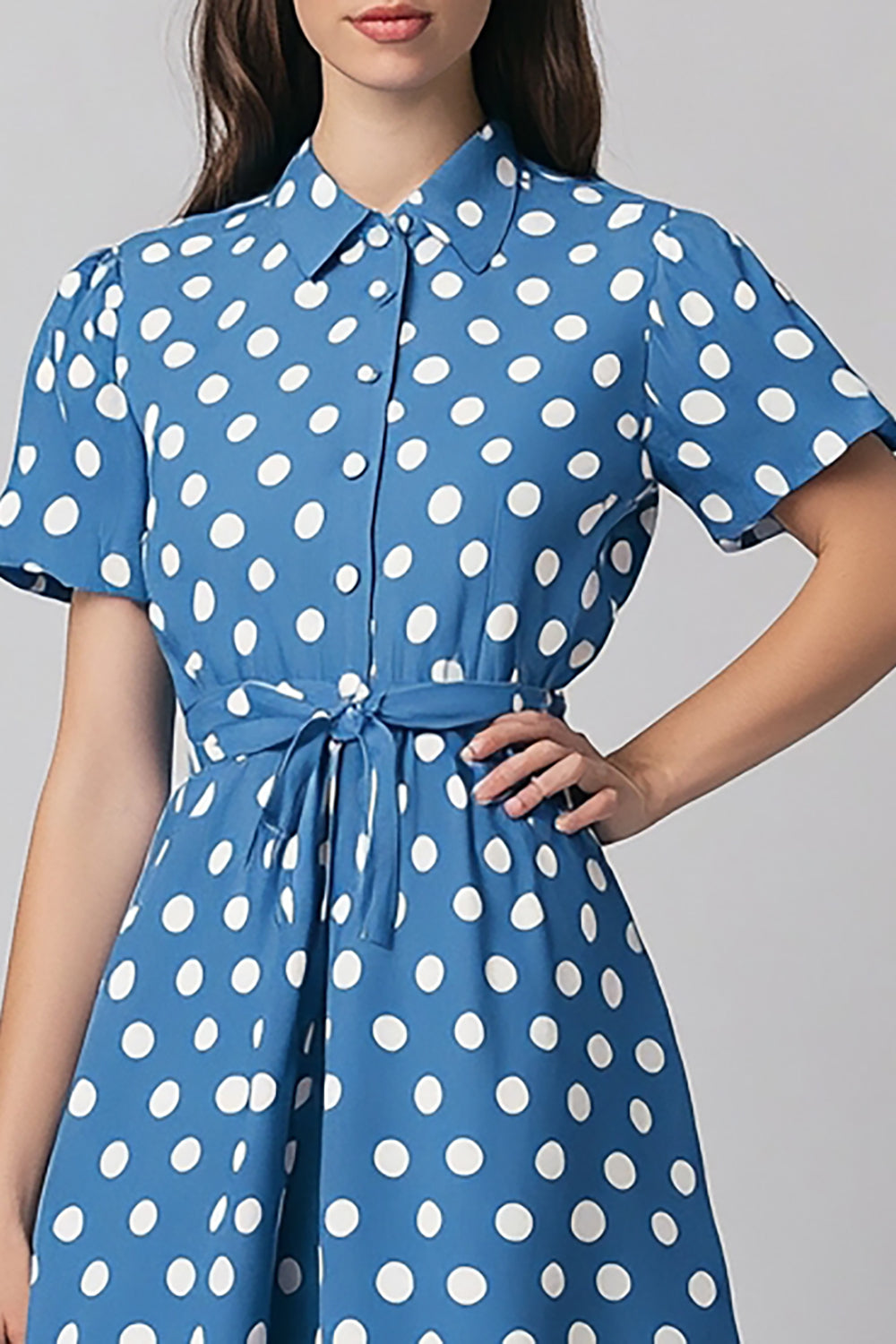 Blue and White A Line Satin Short Sleeves Maxi Polka Dot Dress with Sash