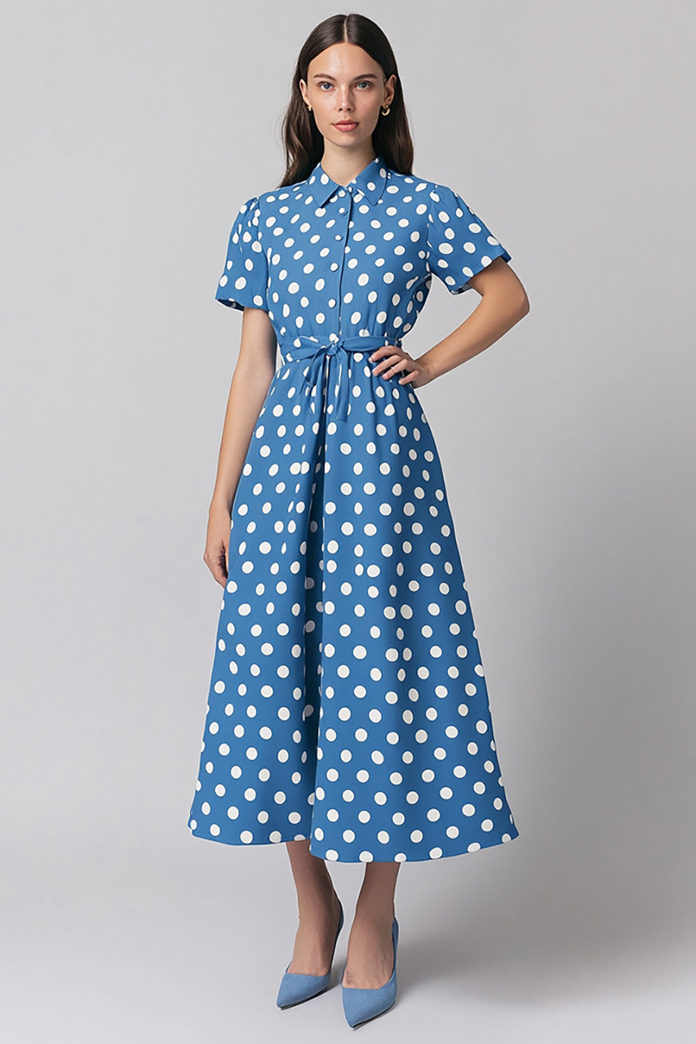 Blue and White A Line Satin Short Sleeves Maxi Polka Dot Dress with Sash