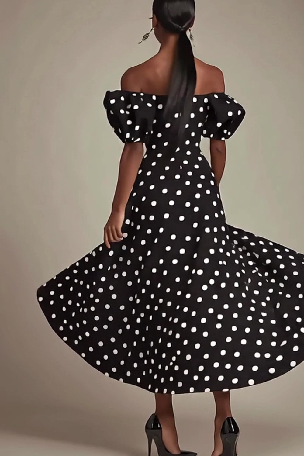 Boho Black and White Satin Puff Sleeves Maxi Polka Dot Dress with Slit