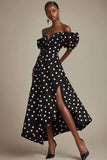 Boho Black and White Satin Puff Sleeves Maxi Polka Dot Dress with Slit