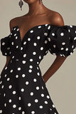 Boho Black and White Satin Puff Sleeves Maxi Polka Dot Dress with Slit