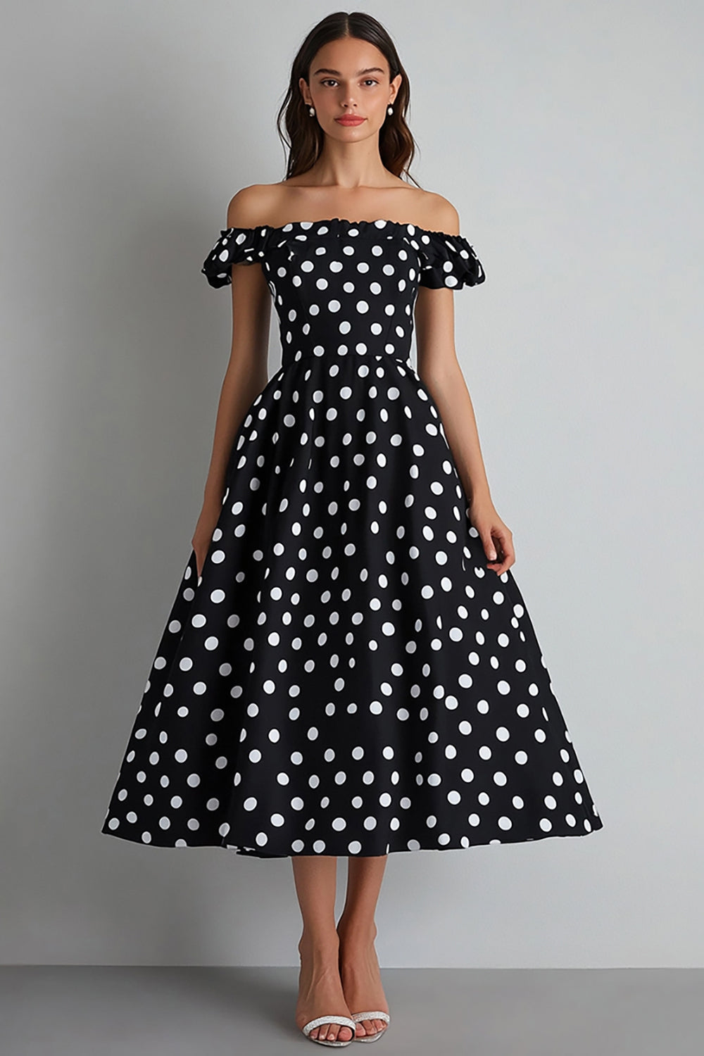 Black and White Off the Shoulder A Line Maxi Satin Polka Dot Dress