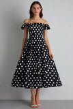 Black and White Off the Shoulder A Line Maxi Satin Polka Dot Dress
