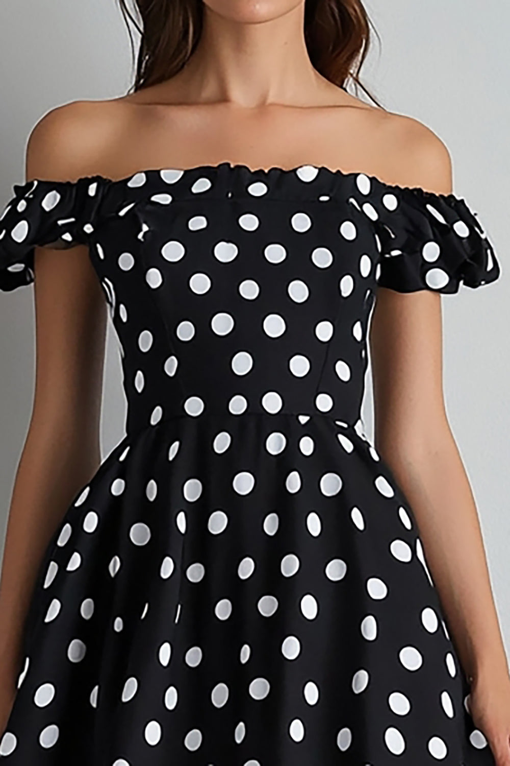 Black and White Off the Shoulder A Line Maxi Satin Polka Dot Dress