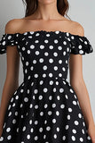 Black and White Off the Shoulder A Line Maxi Satin Polka Dot Dress