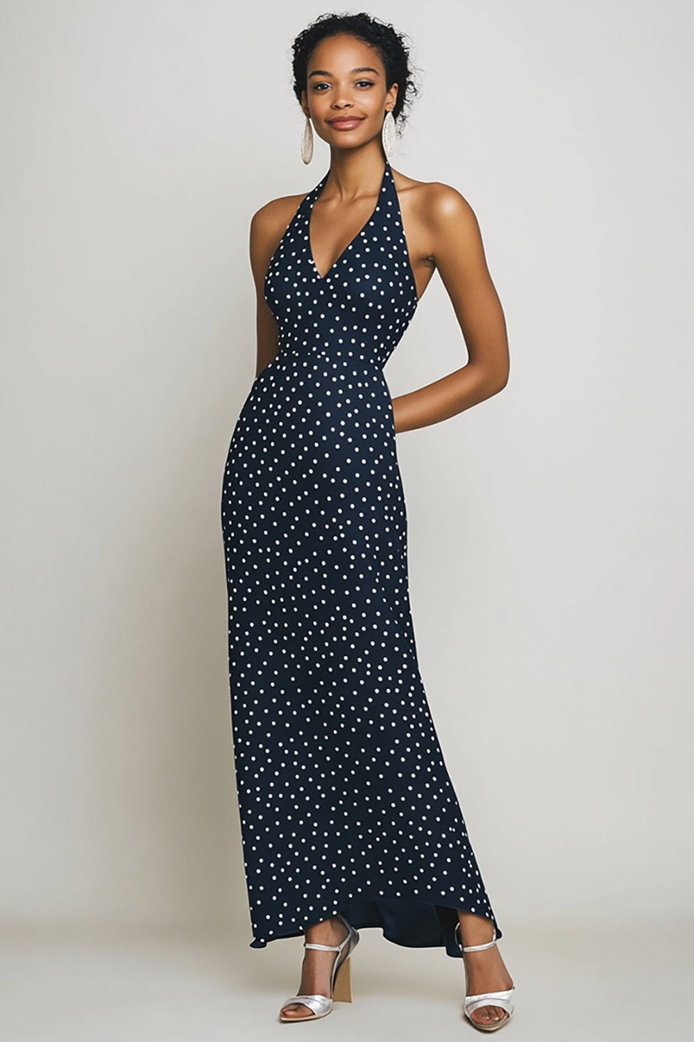 Navy and White Sheath Halter Boho Maxi Chiffon Polka Dot Dress
