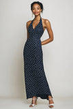 Navy and White Sheath Halter Boho Maxi Chiffon Polka Dot Dress