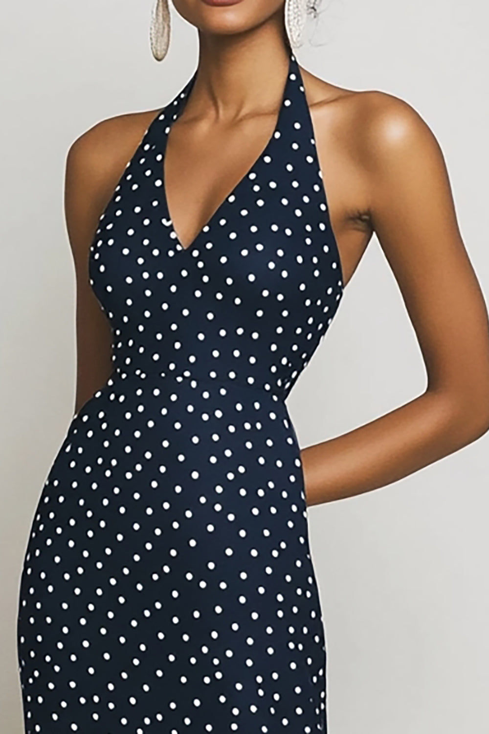 Navy and White Sheath Halter Boho Maxi Chiffon Polka Dot Dress