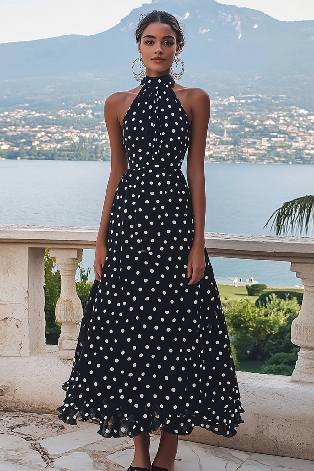 Black and White High Neck Chiffon A Line Boho Maxi Polka Dot Dress