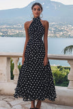 Black and White High Neck Chiffon A Line Boho Maxi Polka Dot Dress