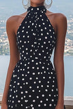 Black and White High Neck Chiffon A Line Boho Maxi Polka Dot Dress