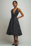 Black and White A Line Satin Boho Midi Polka Dot Dress