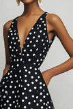 Black and White A Line Satin Boho Midi Polka Dot Dress