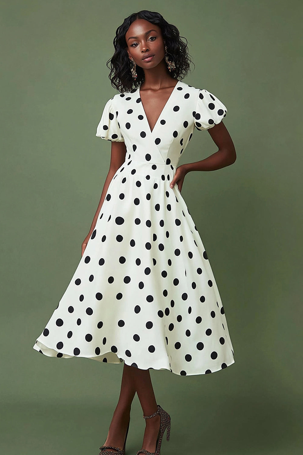 Boho Black and White Satin V-Neck Puff Sleeves Maxi Polka Dot Dress