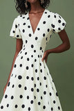 Boho Black and White Satin V-Neck Puff Sleeves Maxi Polka Dot Dress