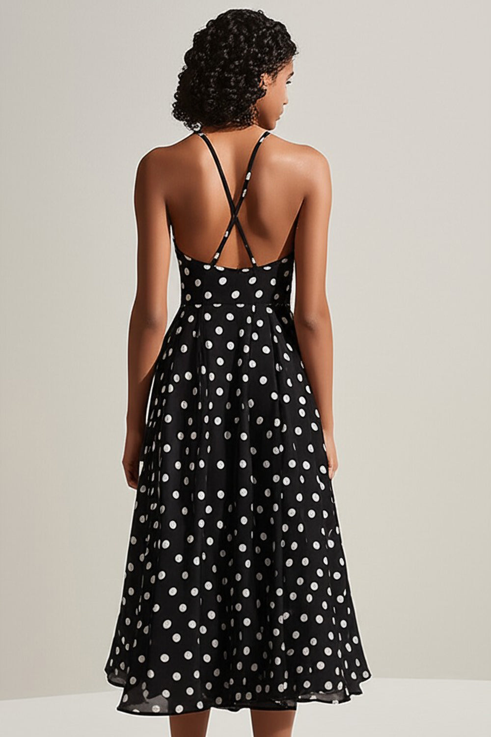 Black and White Boho Chiffon A Line Spaghetti Straps Midi Polka Dot Dress