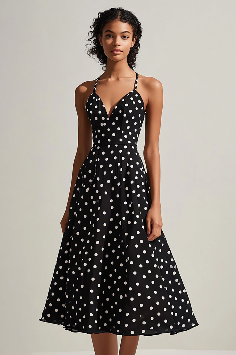 Black and White Boho Chiffon A Line Spaghetti Straps Midi Polka Dot Dress