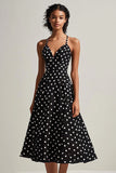 Black and White Boho Chiffon A Line Spaghetti Straps Midi Polka Dot Dress