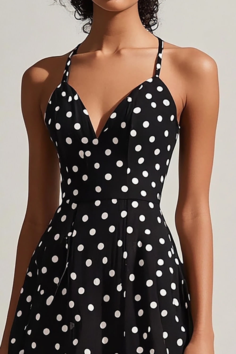 Black and White Boho Chiffon A Line Spaghetti Straps Midi Polka Dot Dress
