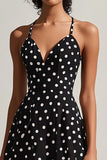 Black and White Boho Chiffon A Line Spaghetti Straps Midi Polka Dot Dress