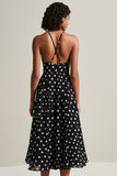 Black and White Boho Chiffon A Line Spaghetti Straps Midi Polka Dot Dress
