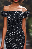 Black and White Satin Mermaid Off the Shoulder Boho Maxi Polka Dot Dress