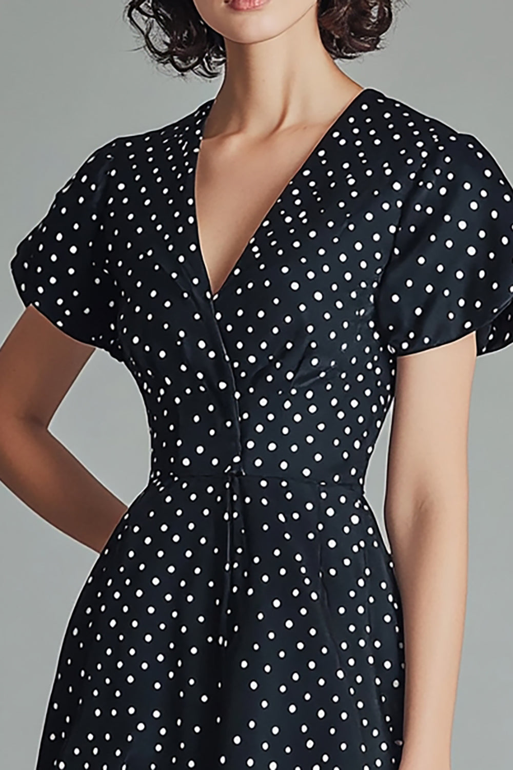 Black and White Satin A Line Short Polka Dot Dress with Short Sleeves
