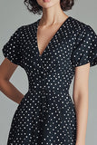 Black and White Satin A Line Short Polka Dot Dress with Short Sleeves